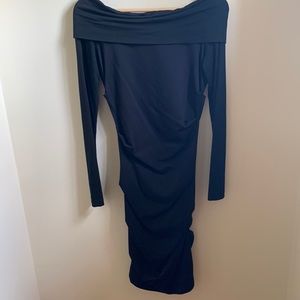 Nicole Miller Studio, black ruched cocktail dress, exposed zipper back, size M